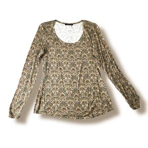 Peruvian Connection Knit Top Large Floral Print Tapestry Bohemian Stretch Knit